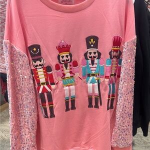 Festive Pink Nutcracker Sweatshirt with Sequin Sleeves NEW